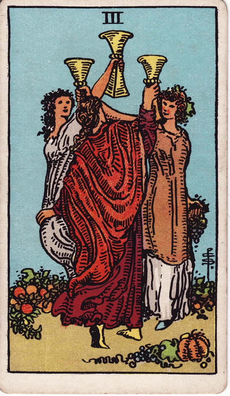 Hình lá bài Ba Cốc (Three of Cups) — Ẩn phụ · chất Cốc
