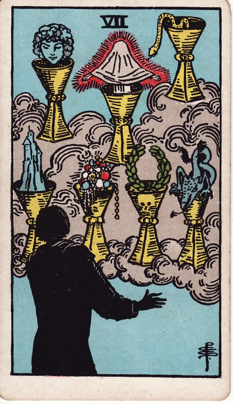 Hình lá bài Bảy Cốc (Seven of Cups) — Ẩn phụ · chất Cốc