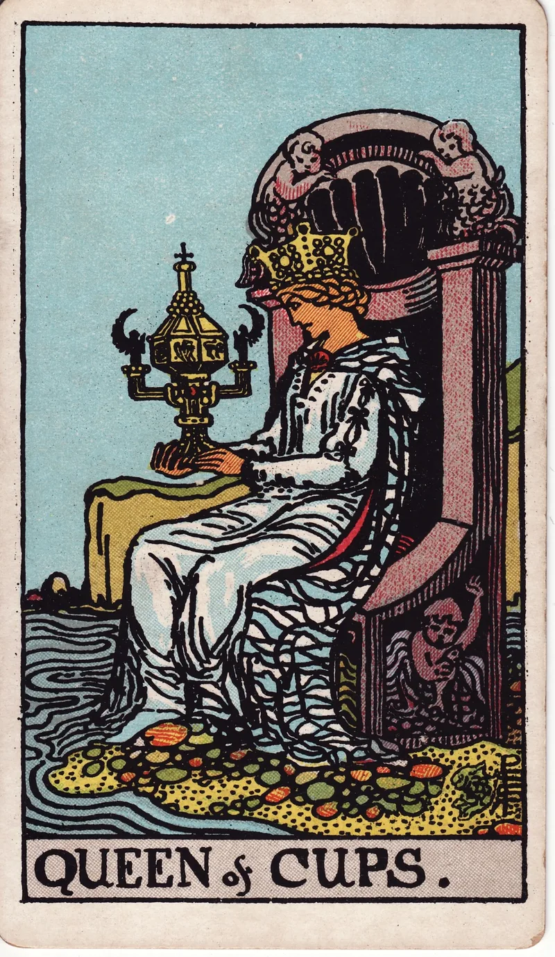 Hình lá bài Hoàng Hậu Cốc (Queen of Cups) — Ẩn phụ · chất Cốc