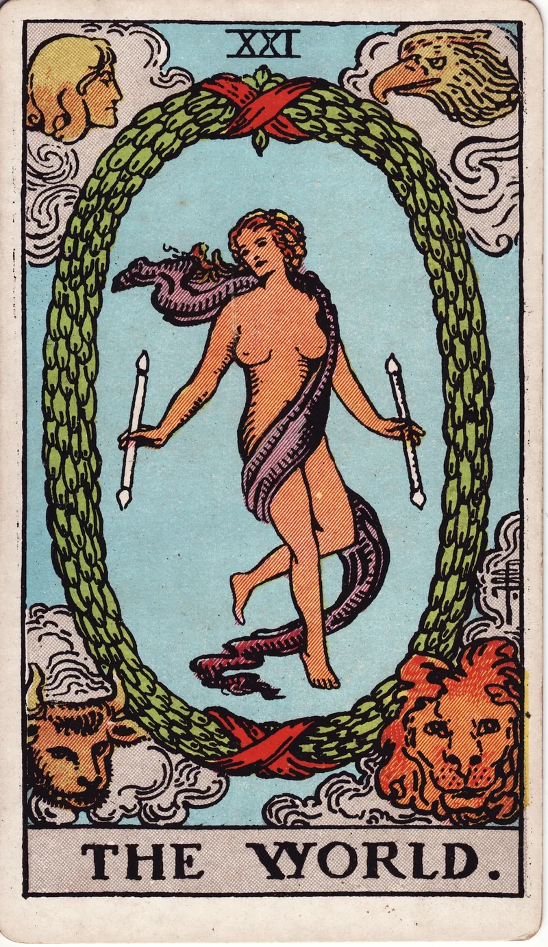 Hình lá bài Thế Giới (The World) — Ẩn chính · số 21