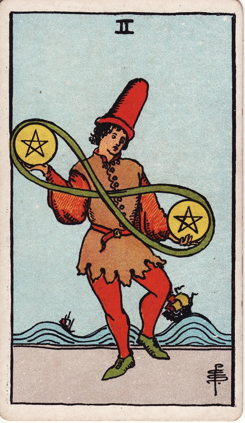 Hình lá bài Hai Tiền (Two of Pentacles) — Ẩn phụ · chất Tiền