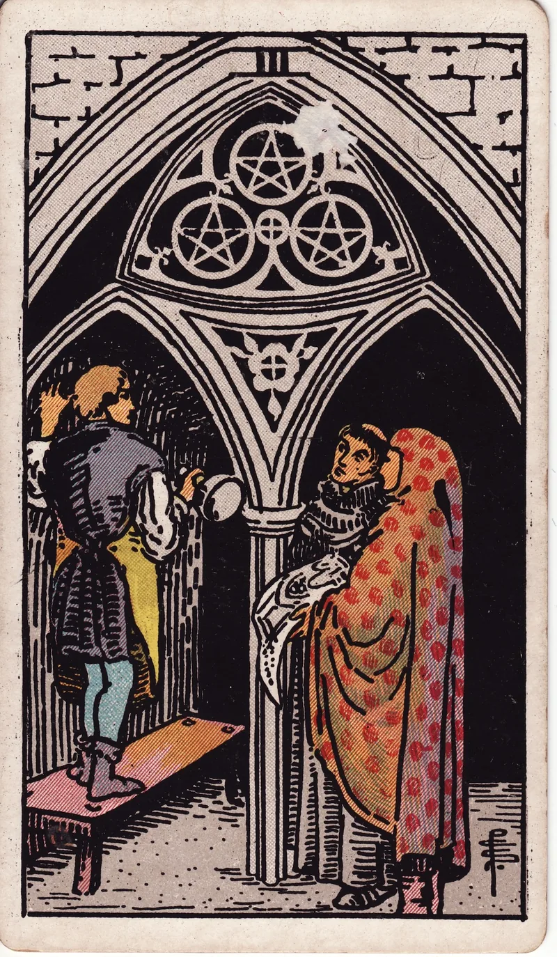 Hình lá bài Ba Tiền (Three of Pentacles) — Ẩn phụ · chất Tiền
