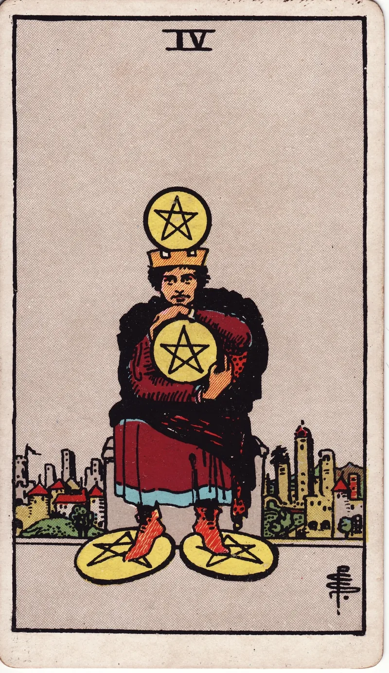 Hình lá bài Bốn Tiền (Four of Pentacles) — Ẩn phụ · chất Tiền