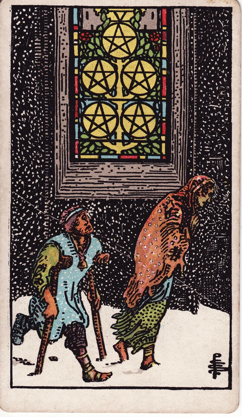 Hình lá bài Năm Tiền (Five of Pentacles) — Ẩn phụ · chất Tiền