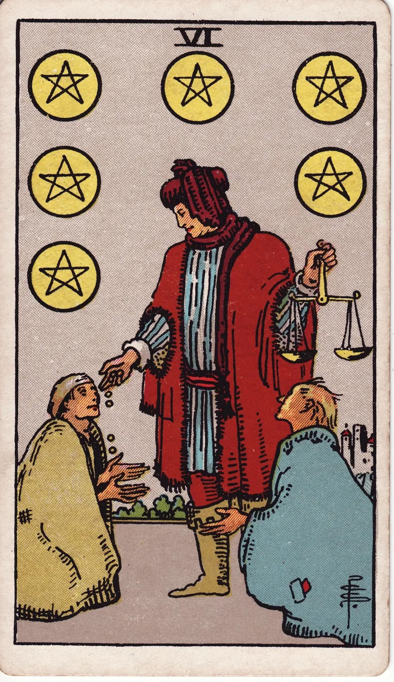 Hình lá bài Sáu Tiền (Six of Pentacles) — Ẩn phụ · chất Tiền
