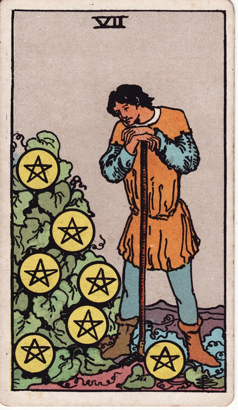 Hình lá bài Bảy Tiền (Seven of Pentacles) — Ẩn phụ · chất Tiền