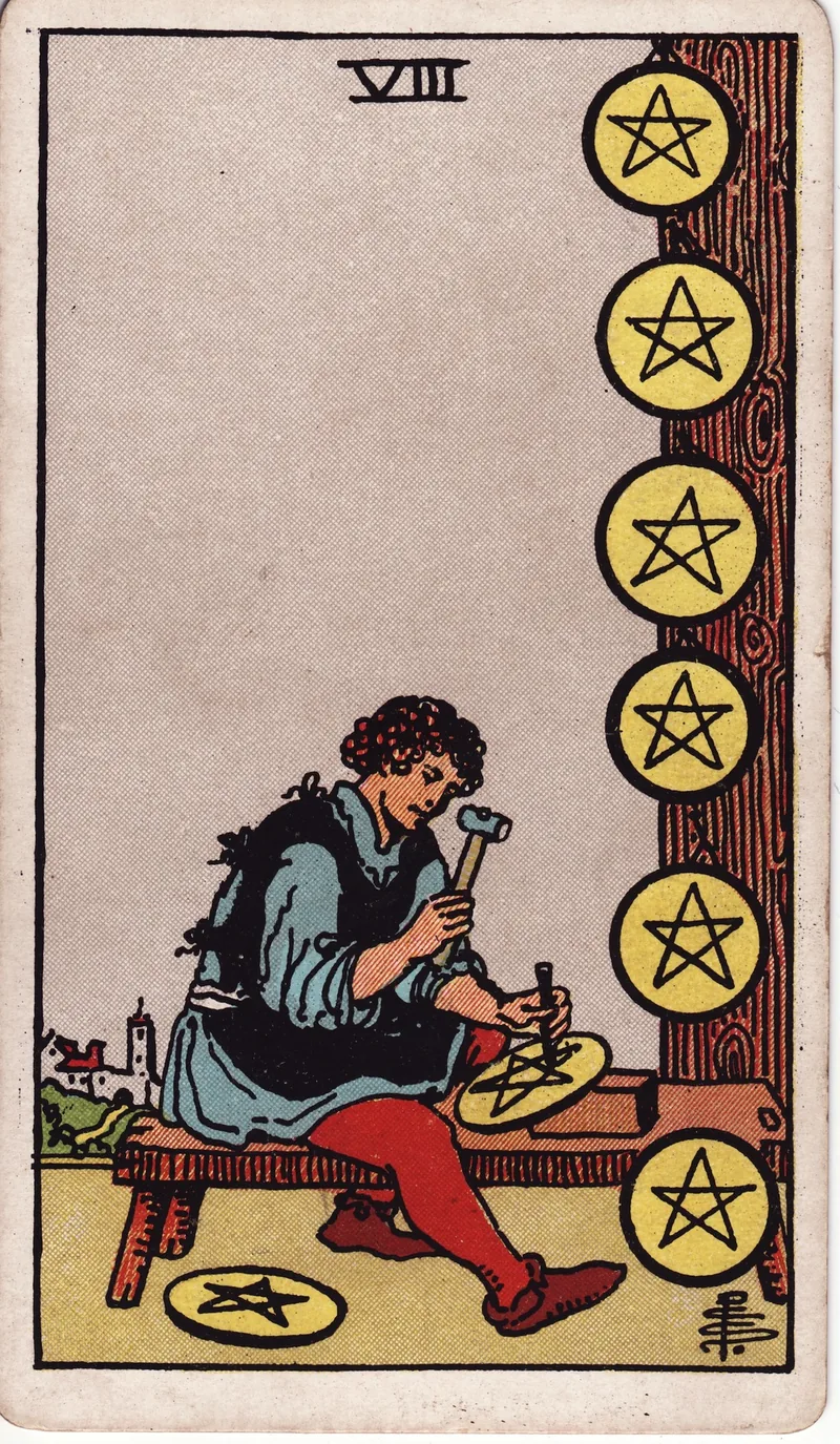Hình lá bài Tám Tiền (Eight of Pentacles) — Ẩn phụ · chất Tiền