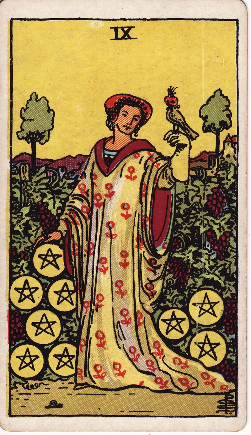 Hình lá bài Chín Tiền (Nine of Pentacles) — Ẩn phụ · chất Tiền
