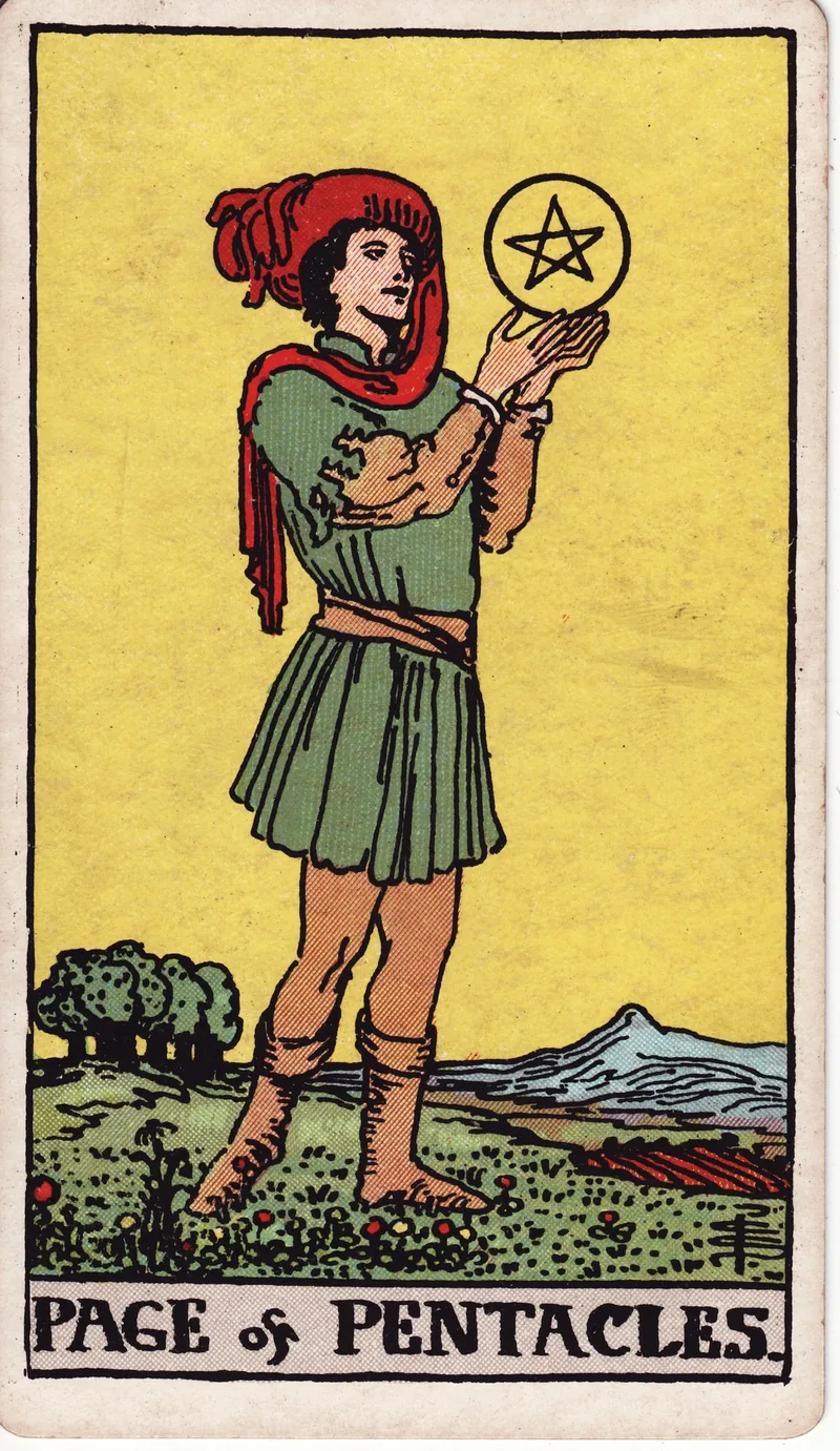 Hình lá bài Tiểu Đồng Tiền (Page of Pentacles) — Ẩn phụ · chất Tiền