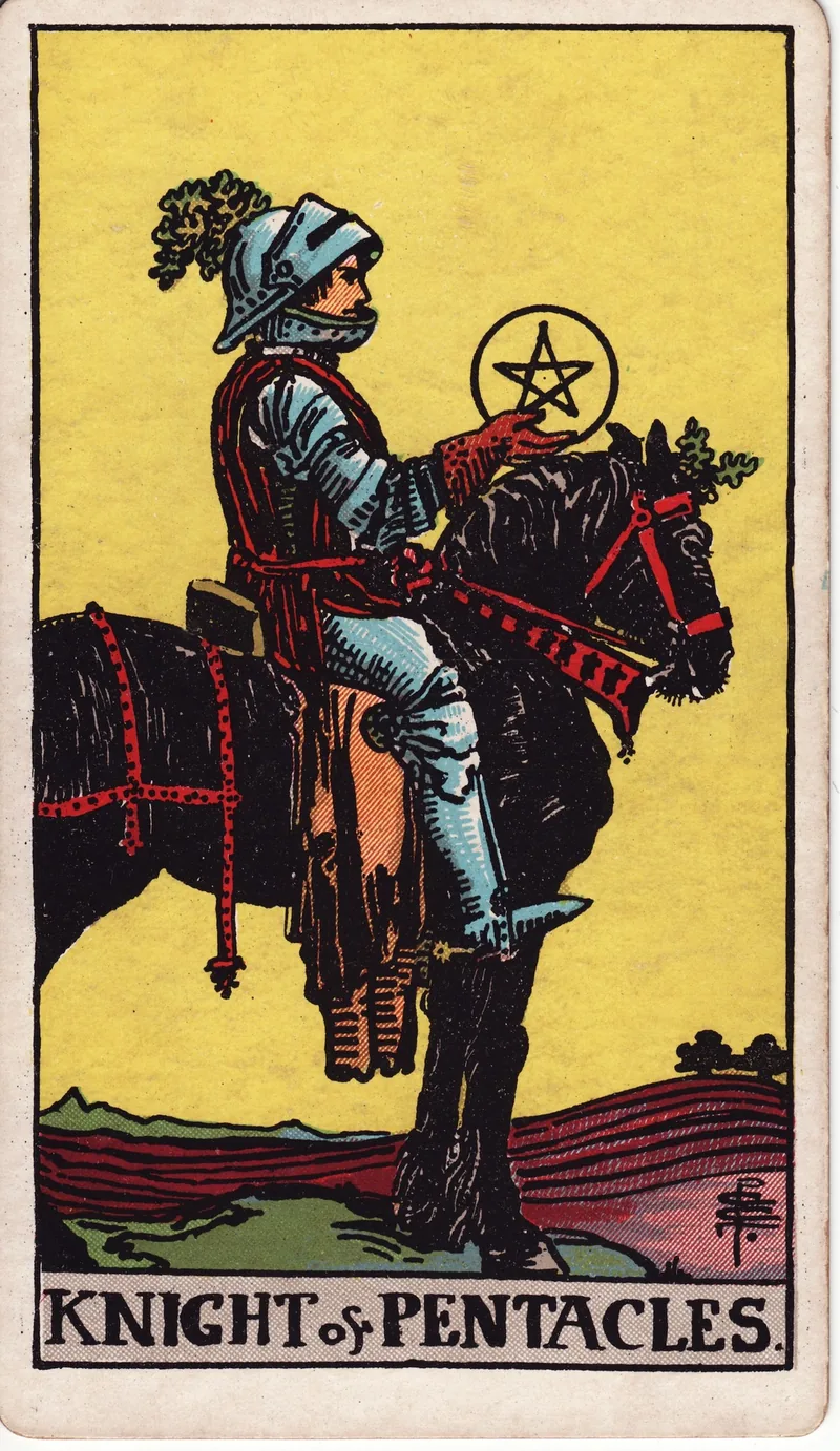 Hình lá bài Hiệp Sĩ Tiền (Knight of Pentacles) — Ẩn phụ · chất Tiền