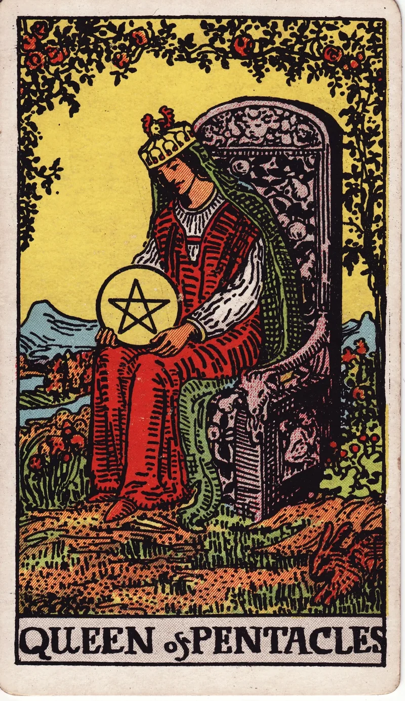 Hình lá bài Hoàng Hậu Tiền (Queen of Pentacles) — Ẩn phụ · chất Tiền