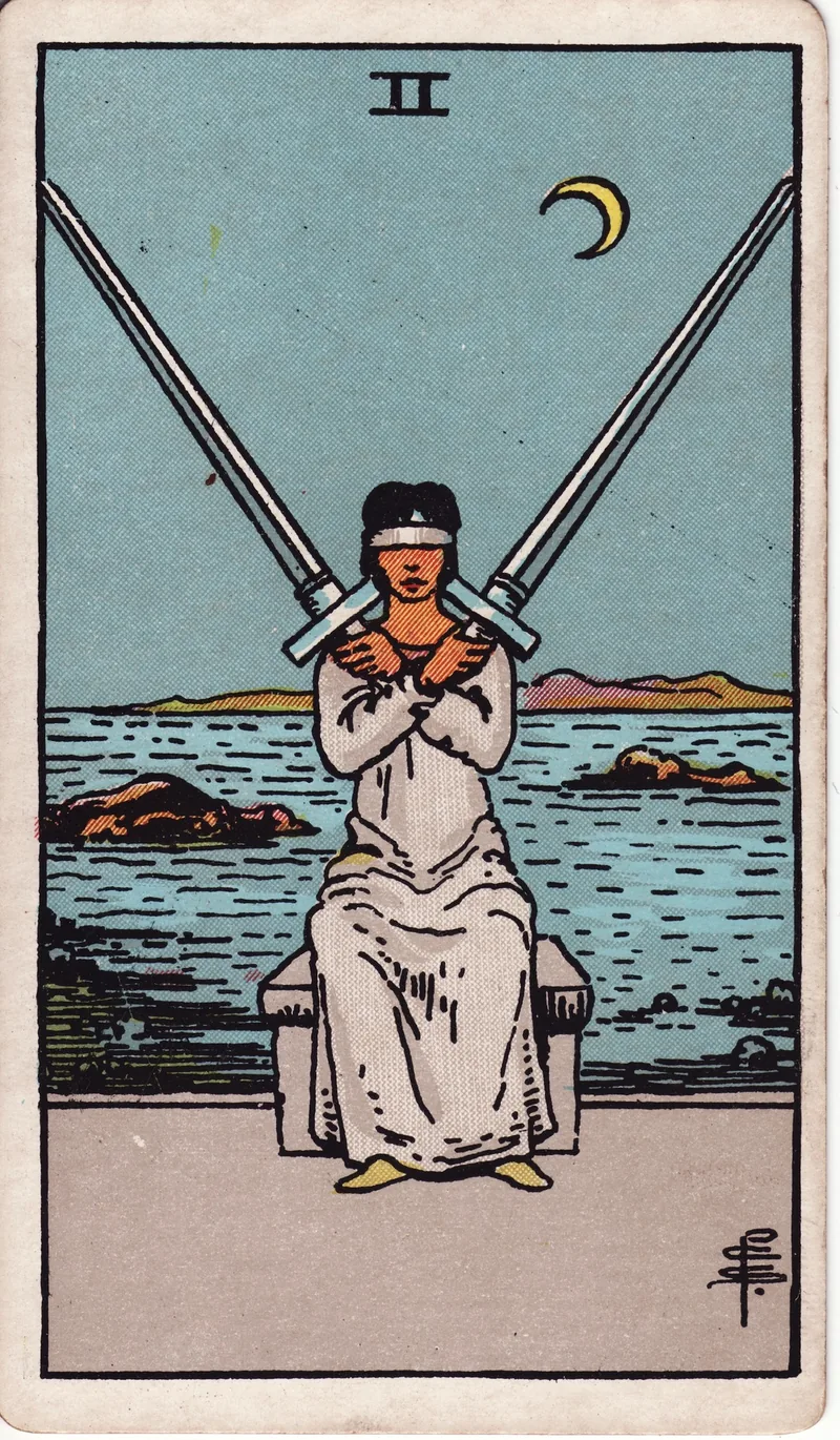 Hình lá bài Hai Kiếm (Two of Swords) — Ẩn phụ · chất Kiếm