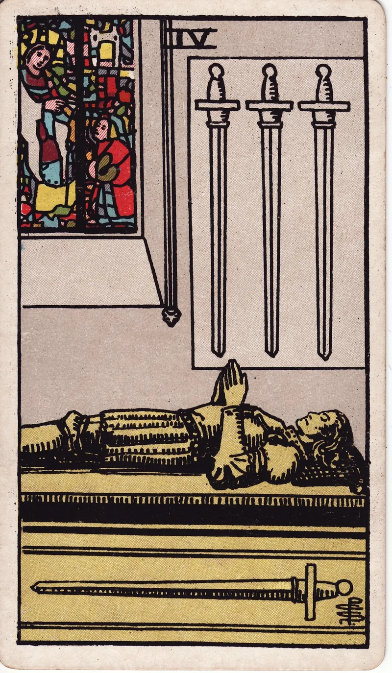 Hình lá bài Bốn Kiếm (Four of Swords) — Ẩn phụ · chất Kiếm