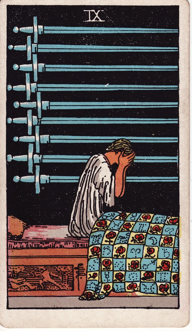 Hình lá bài Chín Kiếm (Nine of Swords) — Ẩn phụ · chất Kiếm