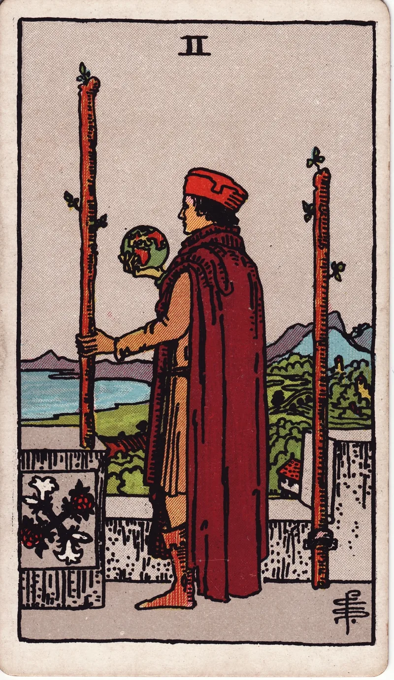 Hình lá bài Hai Gậy (Two of Wands) — Ẩn phụ · chất Gậy