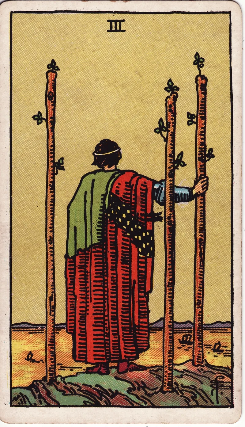 Hình lá bài Ba Gậy (Three of Wands) — Ẩn phụ · chất Gậy