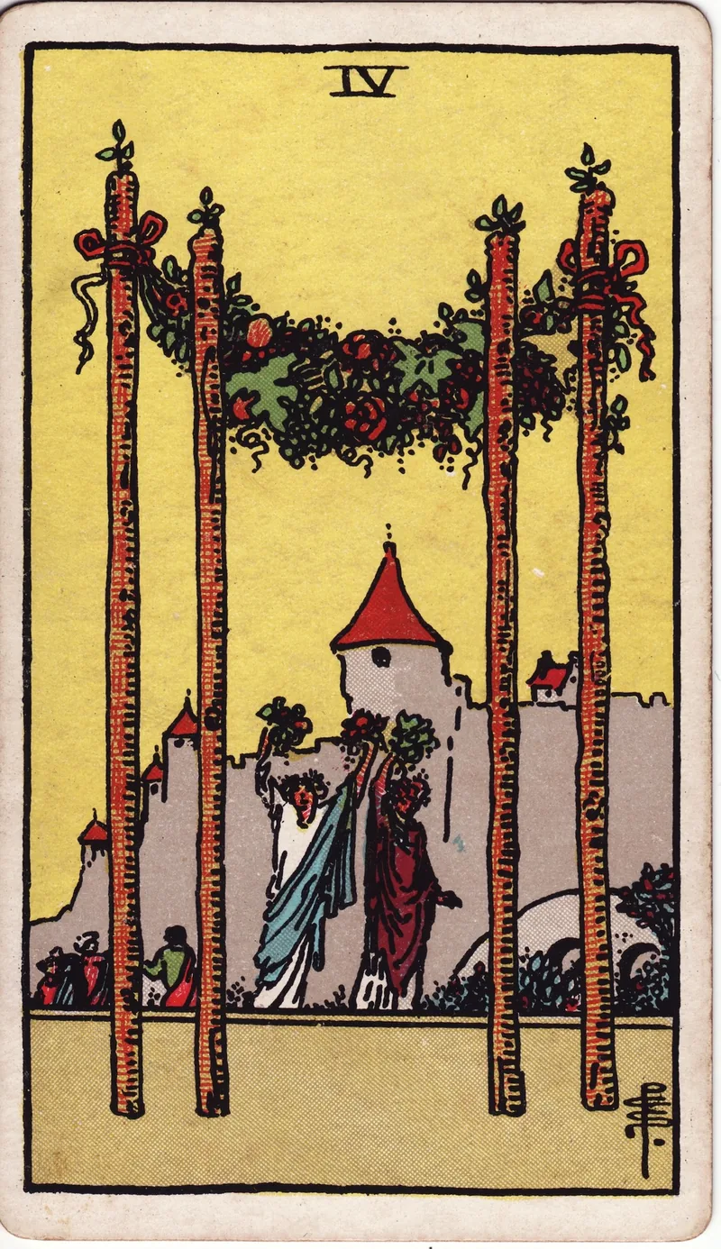 Hình lá bài Bốn Gậy (Four of Wands) — Ẩn phụ · chất Gậy