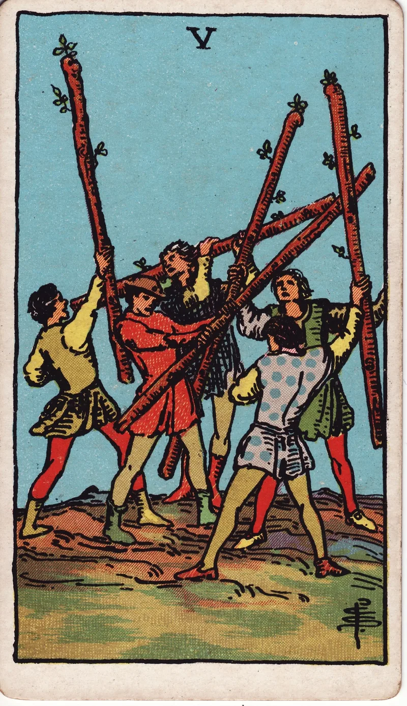 Hình lá bài Năm Gậy (Five of Wands) — Ẩn phụ · chất Gậy