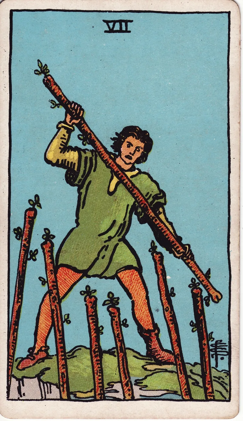 Hình lá bài Bảy Gậy (Seven of Wands) — Ẩn phụ · chất Gậy