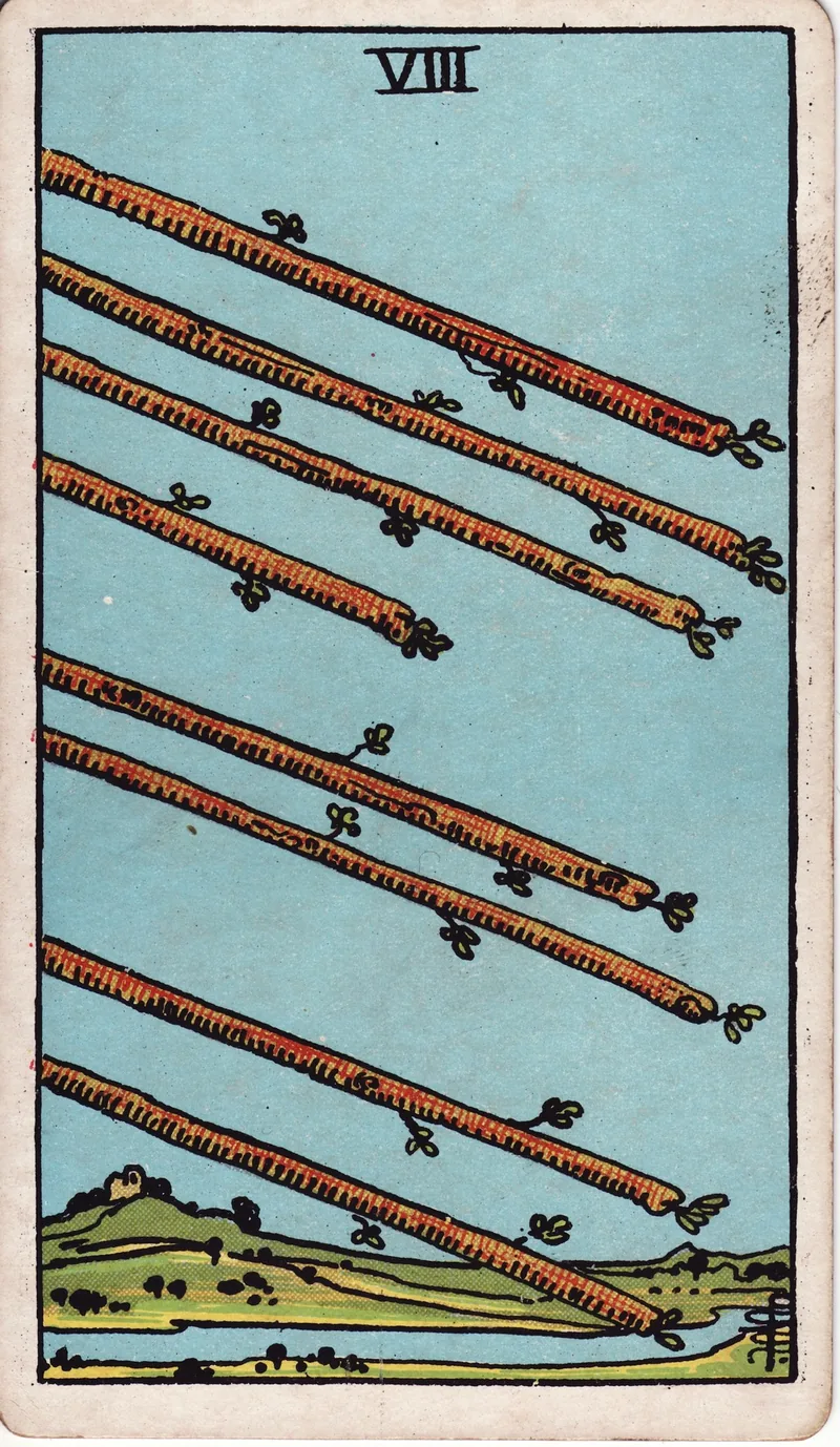 Hình lá bài Tám Gậy (Eight of Wands) — Ẩn phụ · chất Gậy