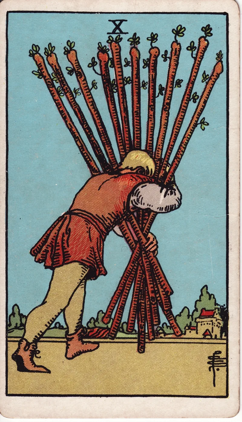 Hình lá bài Mười Gậy (Ten of Wands) — Ẩn phụ · chất Gậy