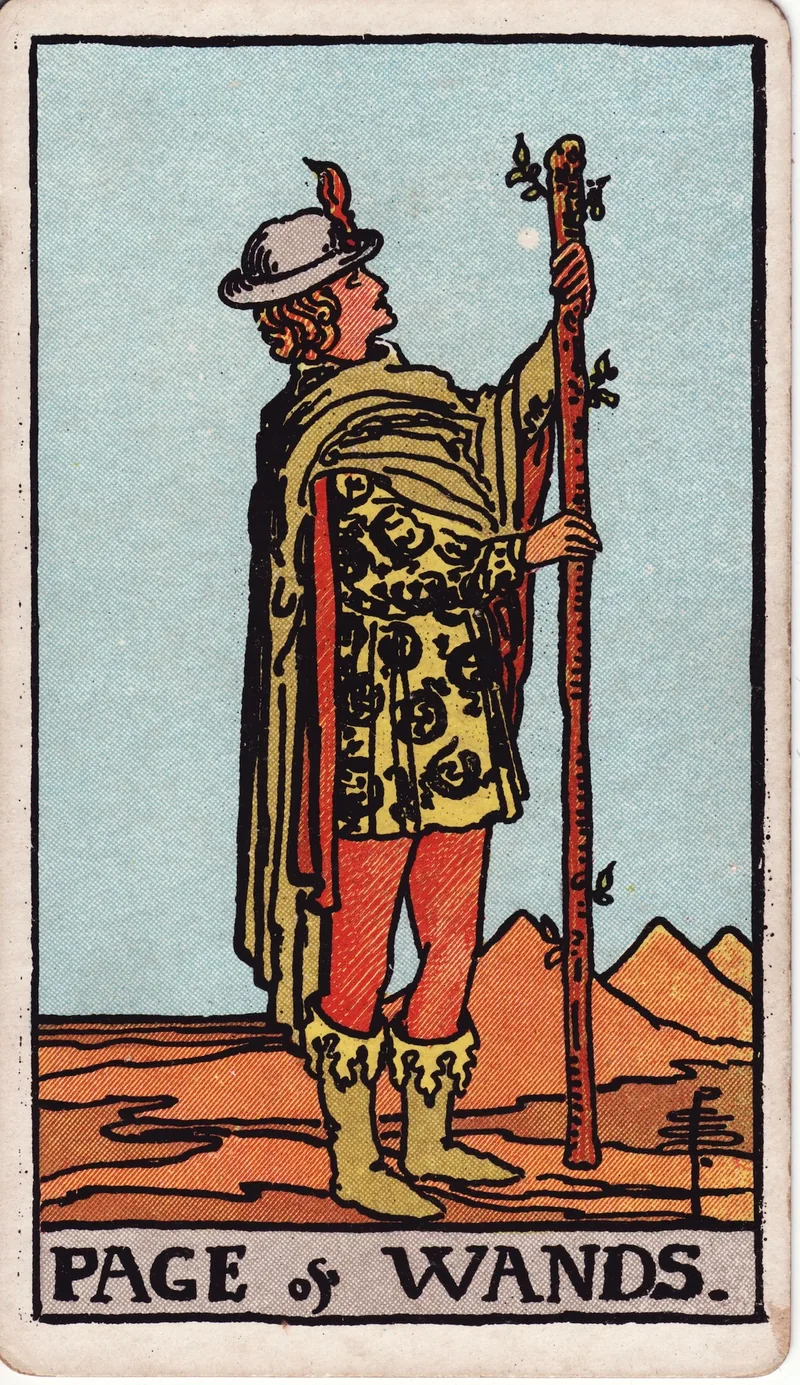 Hình lá bài Tiểu Đồng Gậy (Page of Wands) — Ẩn phụ · chất Gậy