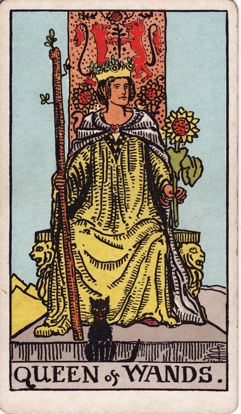 Hình lá bài Hoàng Hậu Gậy (Queen of Wands) — Ẩn phụ · chất Gậy